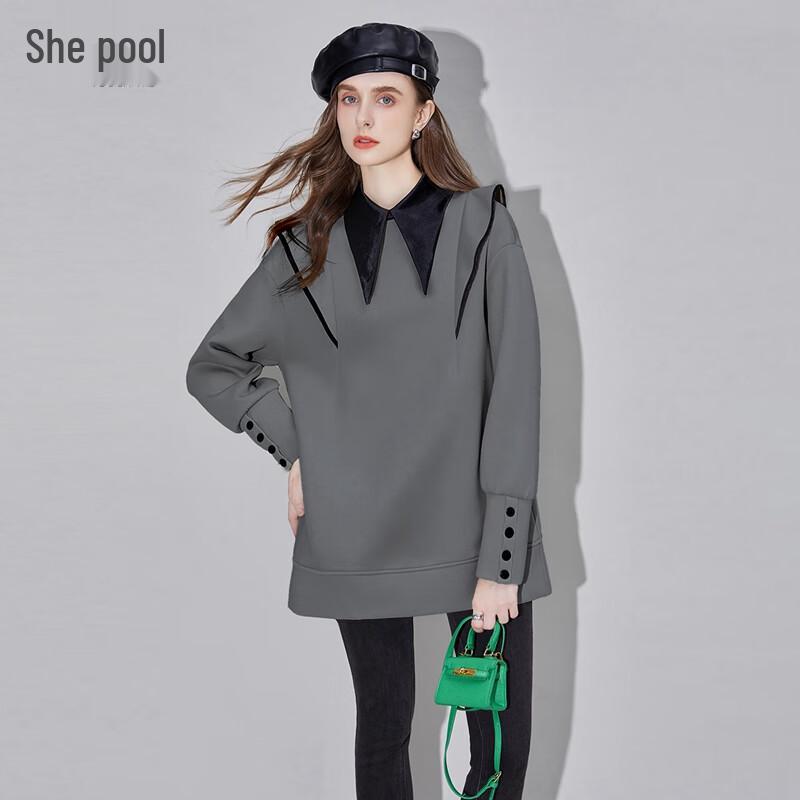 

Women s Ruffle Lapel Color-block Long-sleeve Sweatshirt M