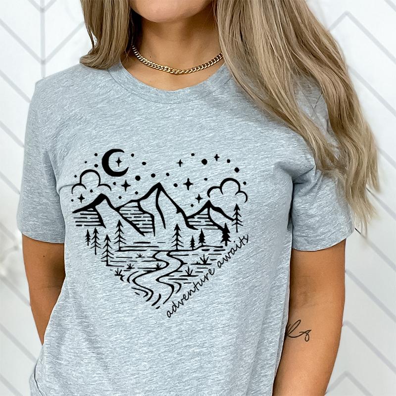 Fashion Women Summer Mountain Hiking Camping Print Adventure Awaits Crew Neck Short Sleeve Tee Tops
