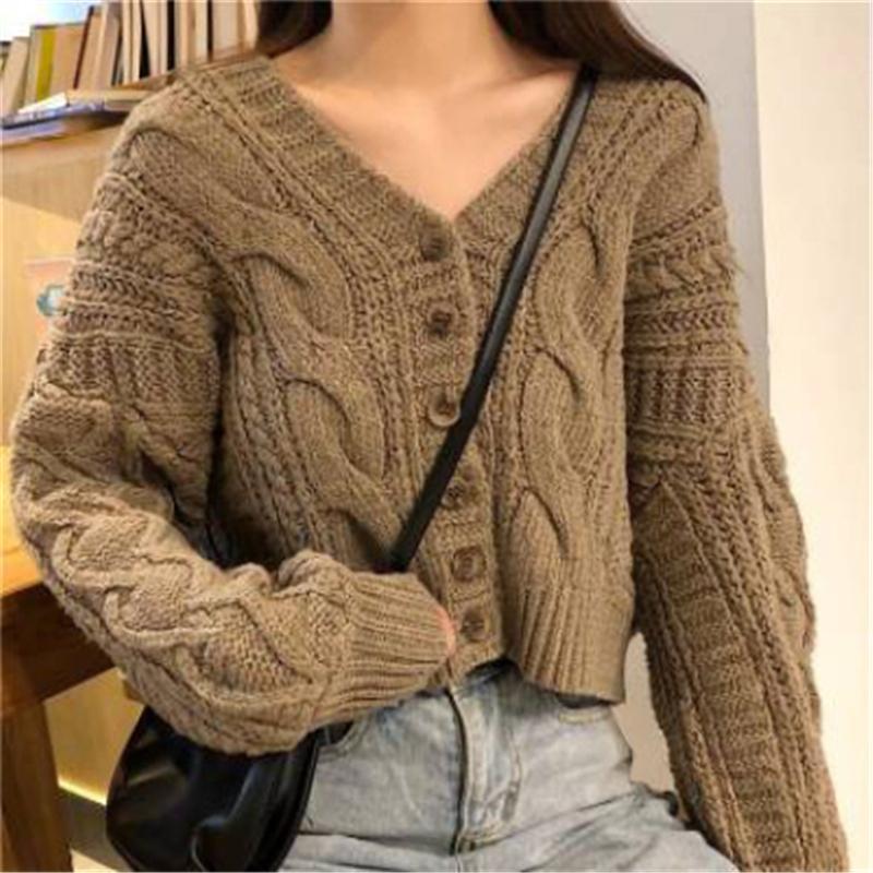 New Autumn and Winter V-neck Long Sleeved Cardigan Casual Sweater Retro Women Coats Elegant Single-breasted Cropped Simple Knitwear Clothing