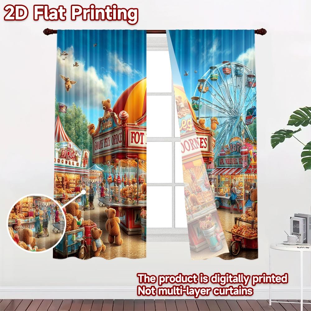 2D Flat Printing 2pcs Curtains Carnival Hot Caramel Apples Bears Digital Printed Polyester Drapes Family Party Decoration Use