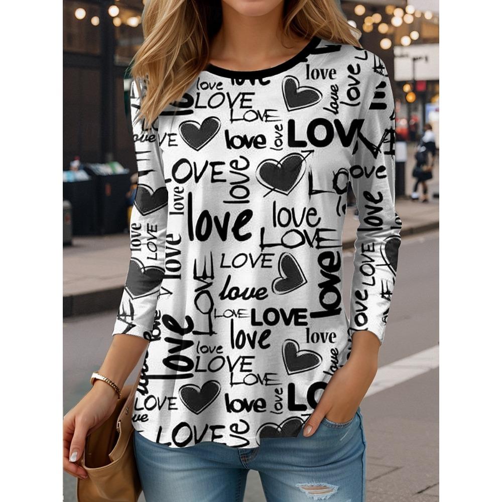 Women's T-shirt 3D Letter Poster Printing Fashion Long Sleeve Round Neck Regular Top Weekend Spring and Autumn