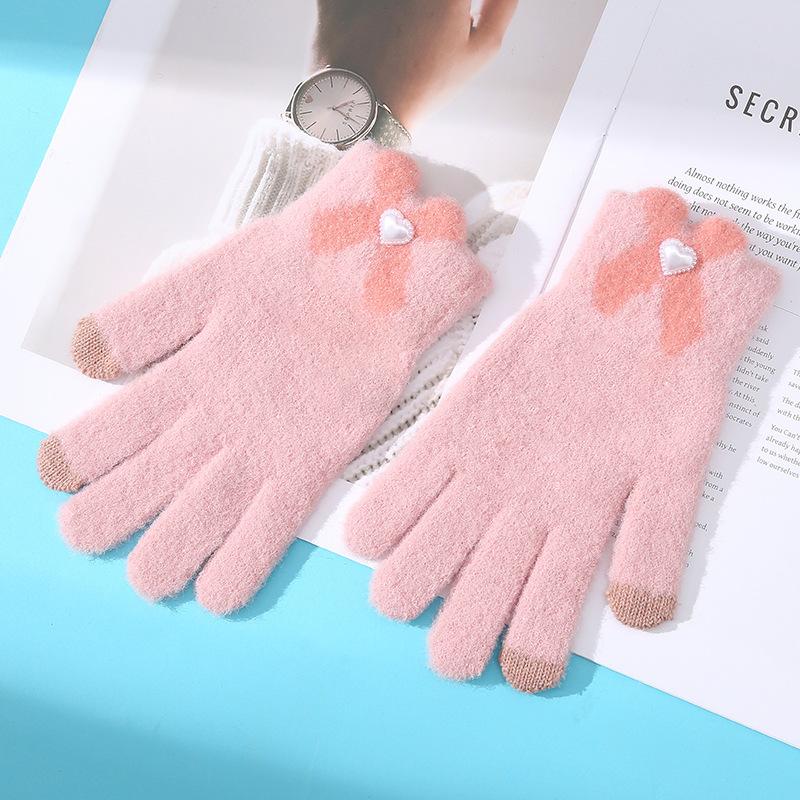 [Solid color elegance] 2025 new knitted thermal gloves women's winter cute bow touch screen five fingers