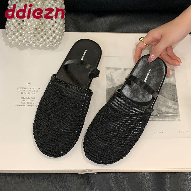 Fashion New 2025 Fashion Round Toe Ladies Flats Slippers Shoes Female Summer Beach Slides Mesh Women Flats Slippers Sandals Shoes Mules