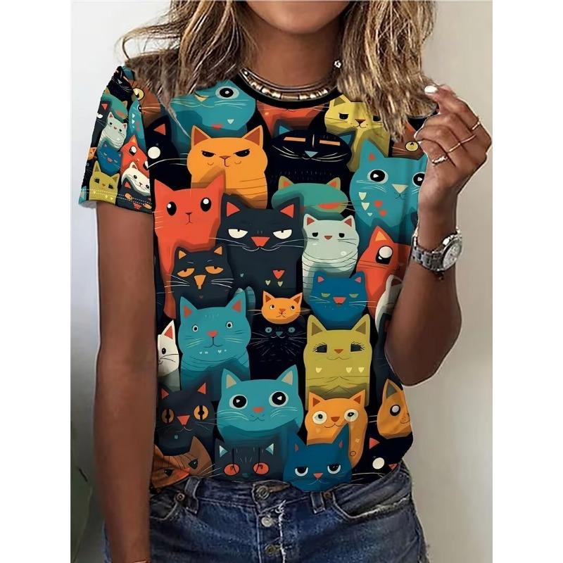 Women's printed short-sleeved T-shirt - Soft round-neck casual top, suitable for daily wear and various themed occasions