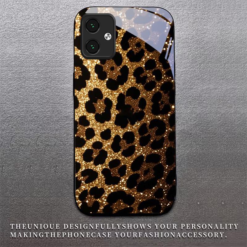 Goldfarbene Leopardenmuster Schwarze Glas-Handyhülle für Motorola Moto G14 G22 G24Power G24 G34 G35 G45 G54 G55 G75 G84 G85 Harte Rückseite