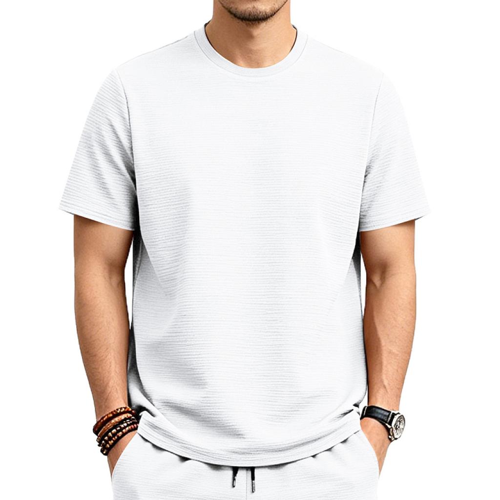 Men American Style Loose Elastic Textured Solid Basic Round Neck Short Sleeve Casual T Shirt