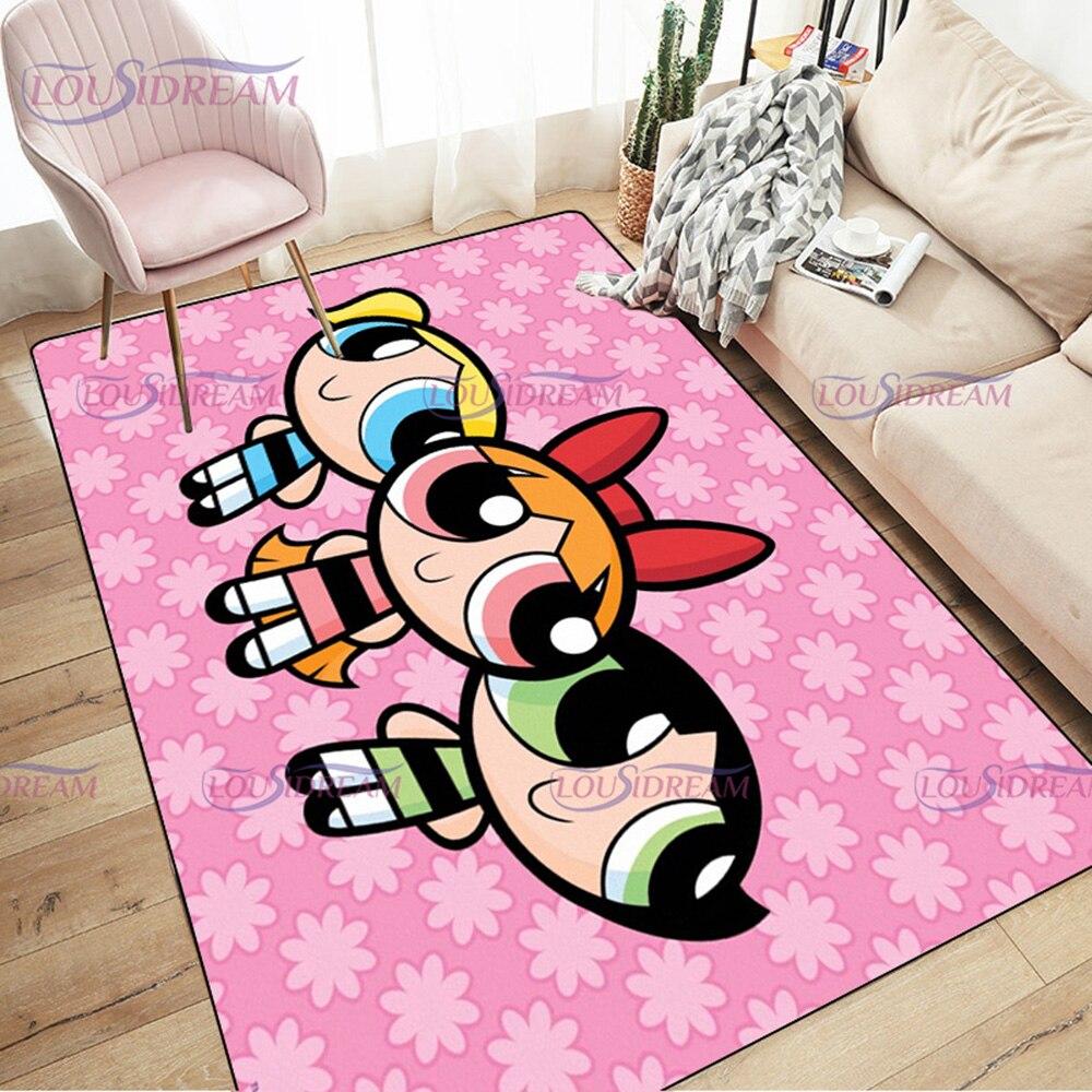 Alfombra de dibujos animados con estampado de Chicas Superpoderosas, decoración para sala de estar y dormitorio, alfombra antideslizante para baño, felpudo para suelo en el pasillo