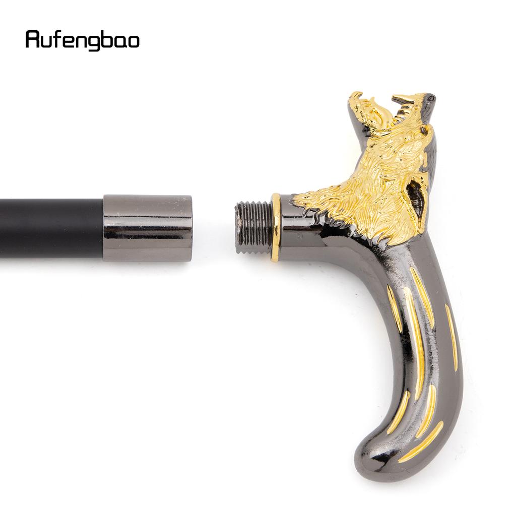 Golden Black Wolf Head Biting Walking Cane Fashion Decorative Walking Stick Gentleman Elegant Cosplay Cane Knob Crosier 92cm