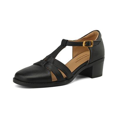 Krazing Pot Sheepskin Buckle Straps Round Toe Med Heels Autumn Hollow Decoration Summer Mary Janes Women Pumps
