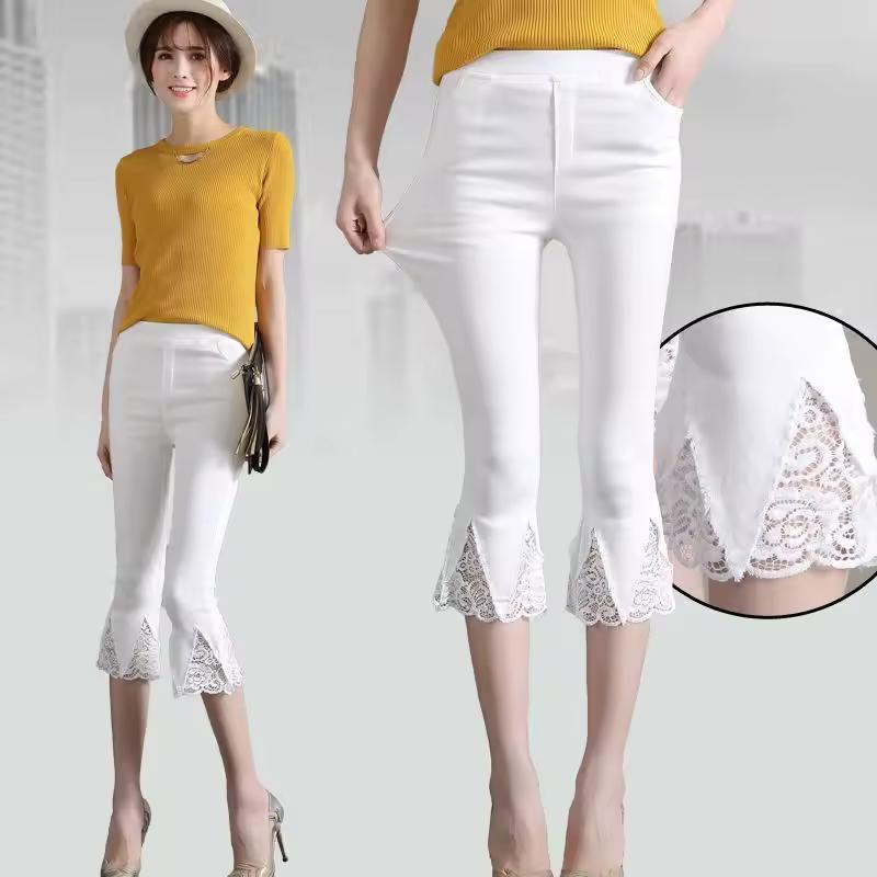 Women Summer Clothing Flare Capris Pants Thin Splicing Lace Elastic High Waist Solid Casual Slim Trousers