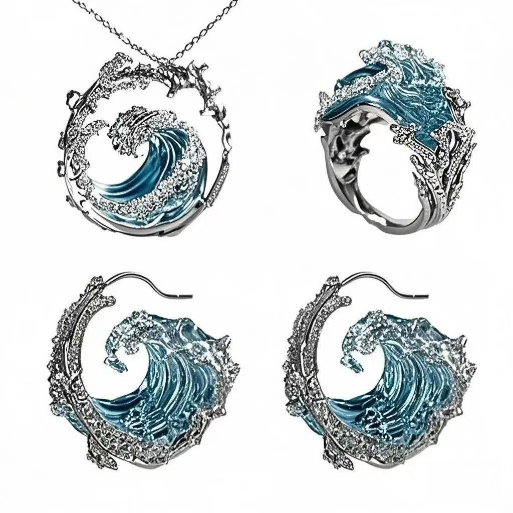 4PCS Set Wave Rings Earrings Pendants Sets Ocean Style Women  Light Luxury Versatile Necklaces Suit Charming Jewelry
