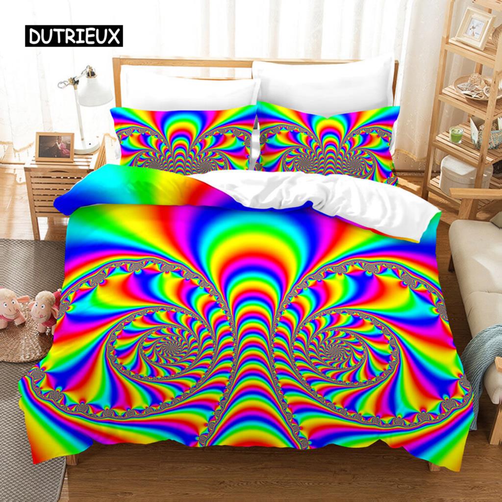 Trippy Duvet Cover Set Abstract Art Psychedelic Spiral In Vivid Rainbow Colors Bedding Set King Size Warped Space Quilt Cover