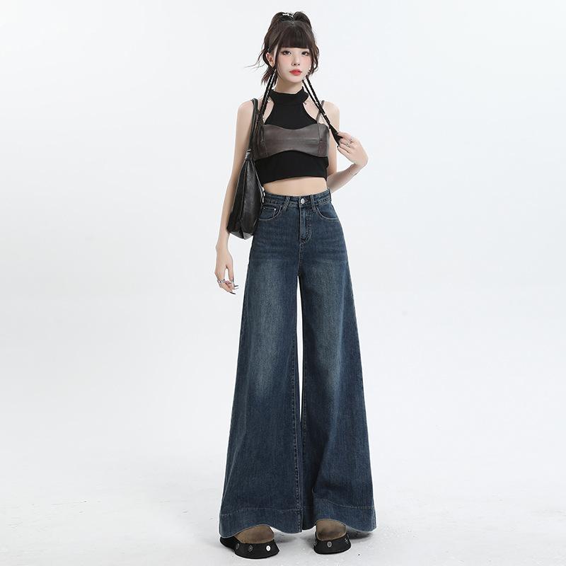 Women American Vintage Wide Leg Jeans High Waist Loose Flared Trousers Draped Floor-Length Denim Pants Autumn Casual Pants