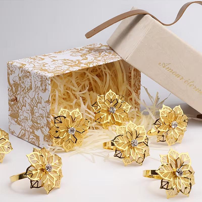 1-24PCS Gold Mesh Flower Napkin Ring Metal Elegant Table Decor for Wedding Party Banquet Dining Table Accessories