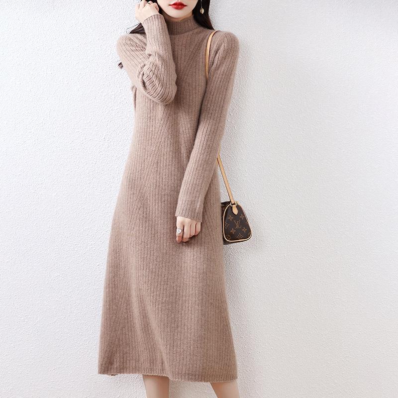 

100% Шерсть Женское Облегающее Вязаное Длинное Платье с Высоким Воротником S suitable for 80-95 lbs глубокий/верблюд