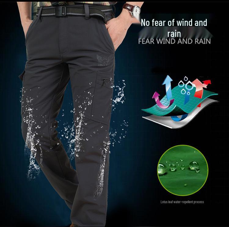 In Stock Men's Quick-Dry Winter Outdoor Multi-Pocket Ski Pants, Plus Velvet Thick Straight-Leg Windproof Long Pants