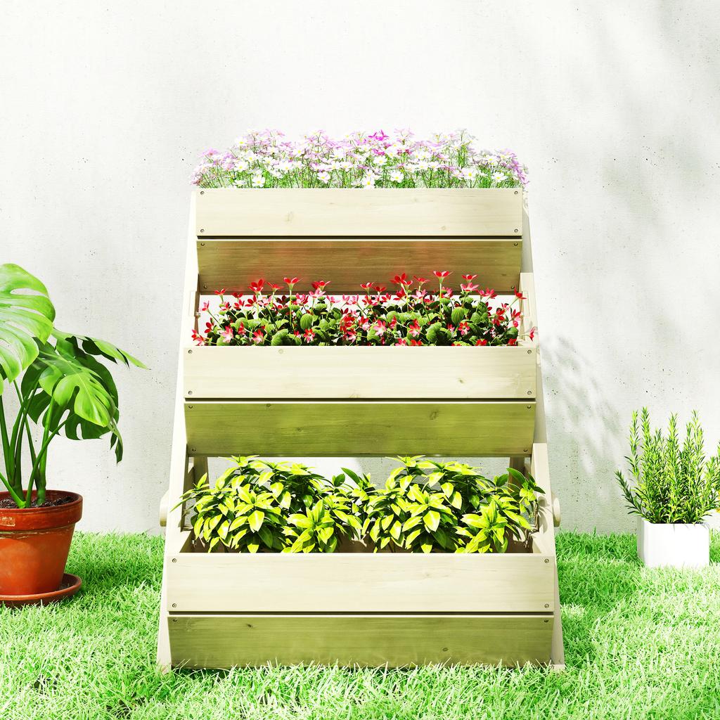 3 Tier Raised Garden Bed Wooden Elevated Planter Box Kit, 66L for Flower, Vegetable, Herb, 65x75x78cm, Green