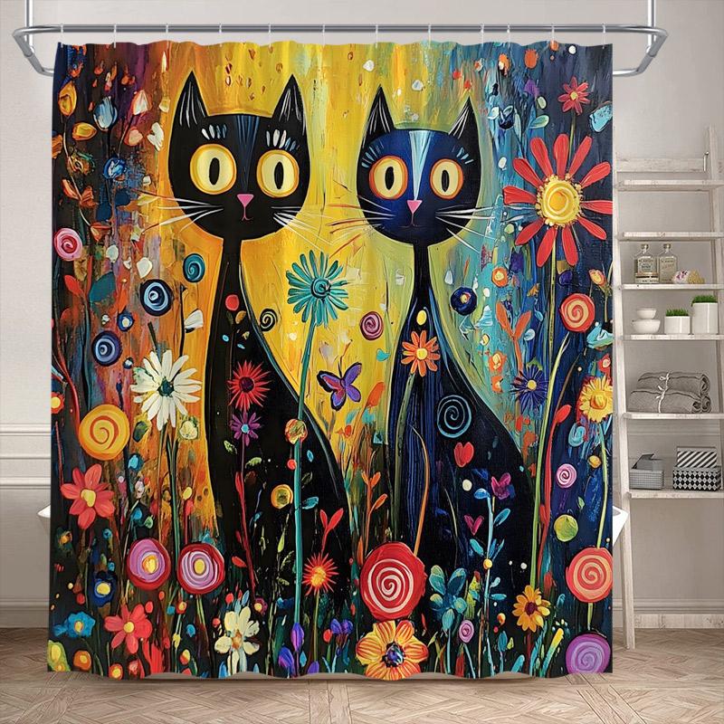 Funny Black Cat Shower Curtains Cute Animal Pet Floral Vintage Painting Art Modern Fabric Home Bathroom Decor Bath Curtain Set