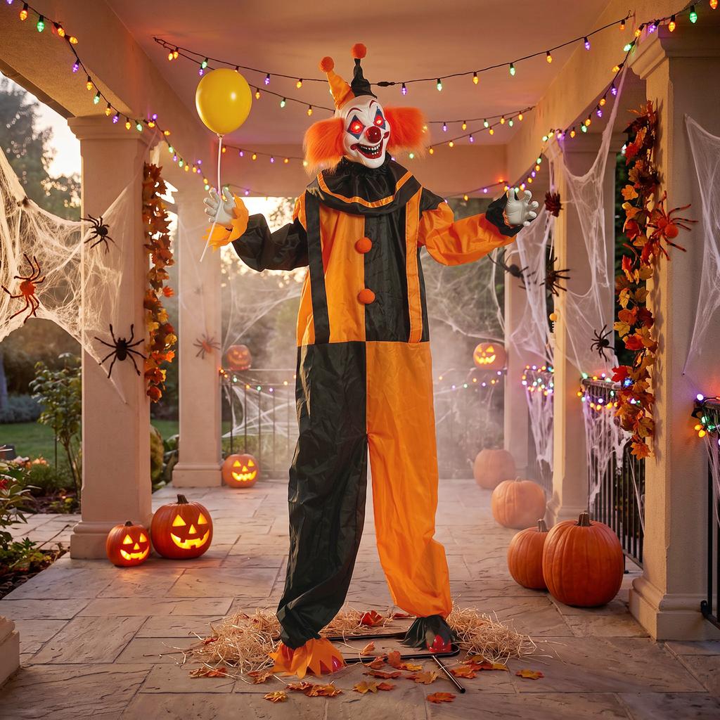 190cm Life Size Animated Clown Halloween Decoration, Scary Halloween Animatronics Decor with Sound Touch Activated
