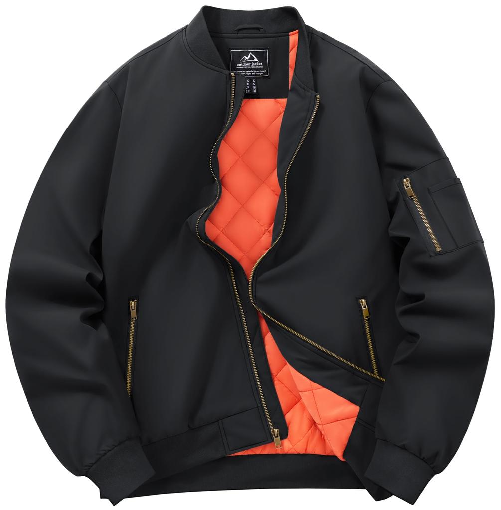 TACVASEN Men’s Water-Repellent Windproof Quilted Bomber Jacket (L, Black, TVS-140)