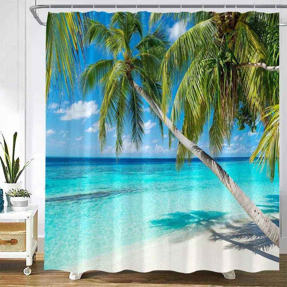 Dusk Sunset Beach Shower Curtains Tropical Ocean Palm Tree Forest Waterfall Nature Scenery Cloth Home Decor Bathroom Curtain Set