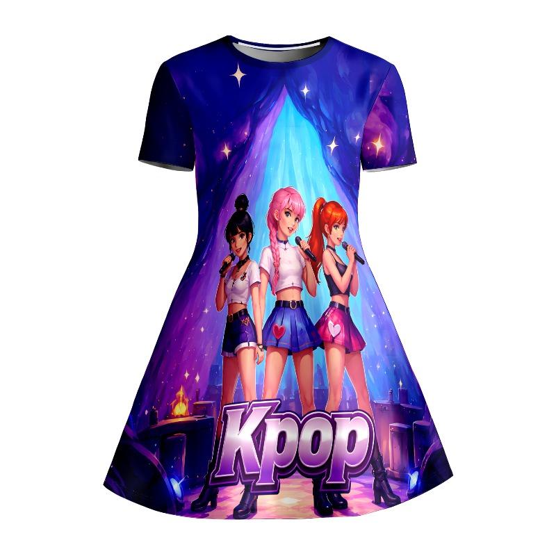 Little Girls 3 Styles Cartoon Floral Idol Print Short Sleeve A-Line Dress Kids Summer Daily Casual Flared Swing Dress