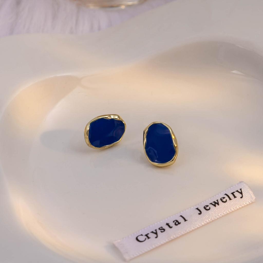 French Retro Irregular Geometric Dark Blue Oil Drop Earrings, Niche Simple Light Luxury High-End Jewelry