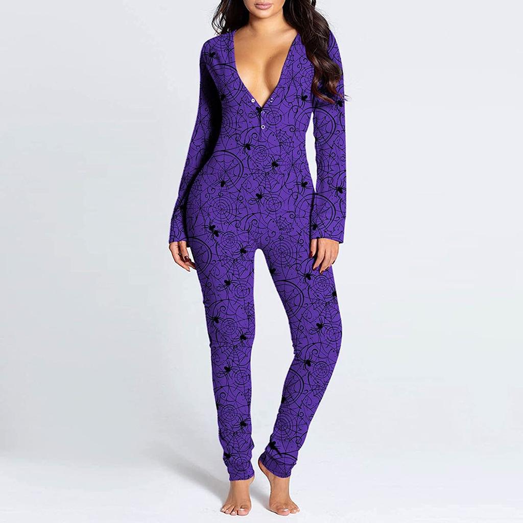 Women's Button-Down Halloween Print Functional Buttoned Flap Adults Jumpsuit