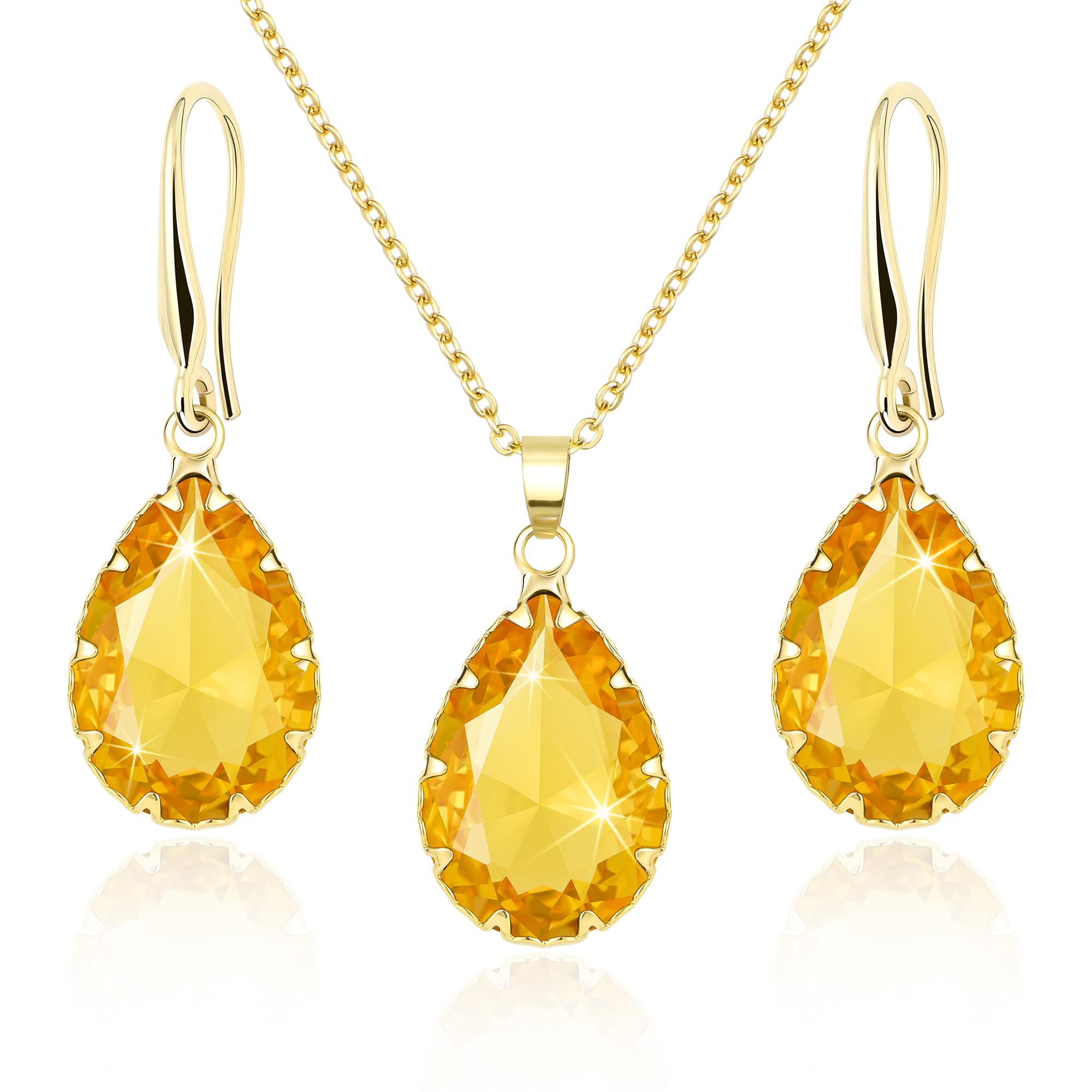 

Ожерелье с желтым бриллиантом цитрина, золотое украшение 18 карат, кулон, цепочка из нержавеющей стали, кристалл, муассанит, цирконий, кварц, набор серег [Linawe] Серьги,