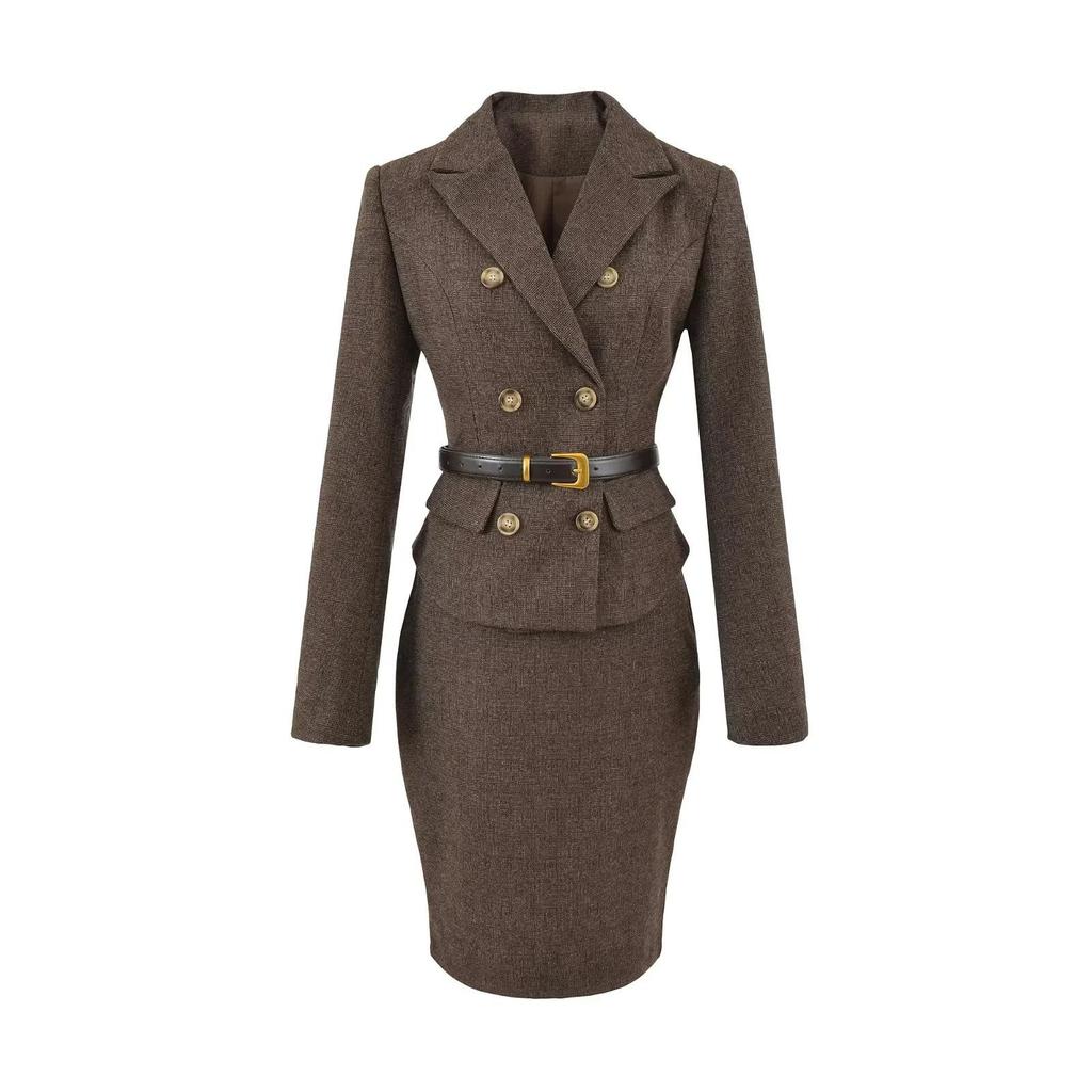 Intelligent Secretary Gold Lapel Blazer & High-Waist Pencil Skirt Set