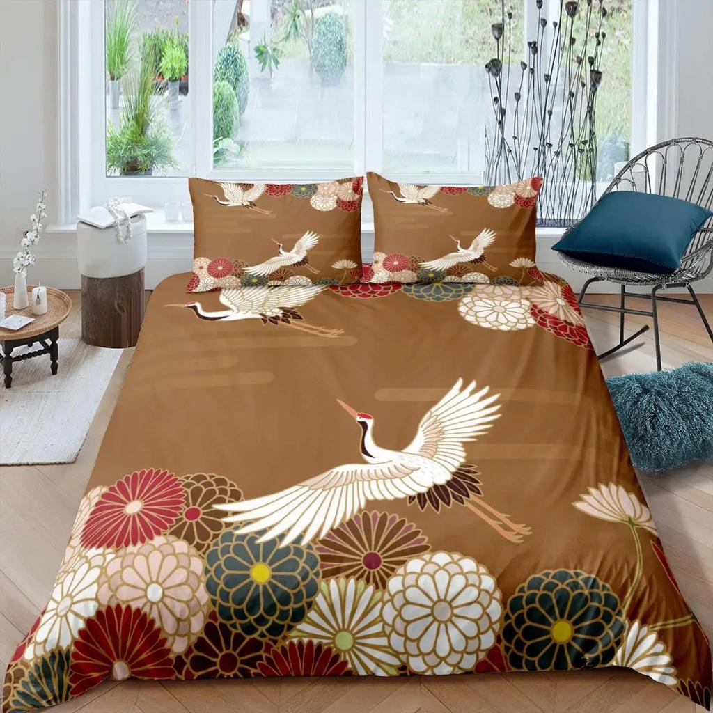 Japanese Style Crane Soft Duvet Cover Set Ful Sized Dimensions,Exotic Red Sun Sea Waves Beding Sets,Vintage Ukiyoe Traditional Warm Comforter Cover