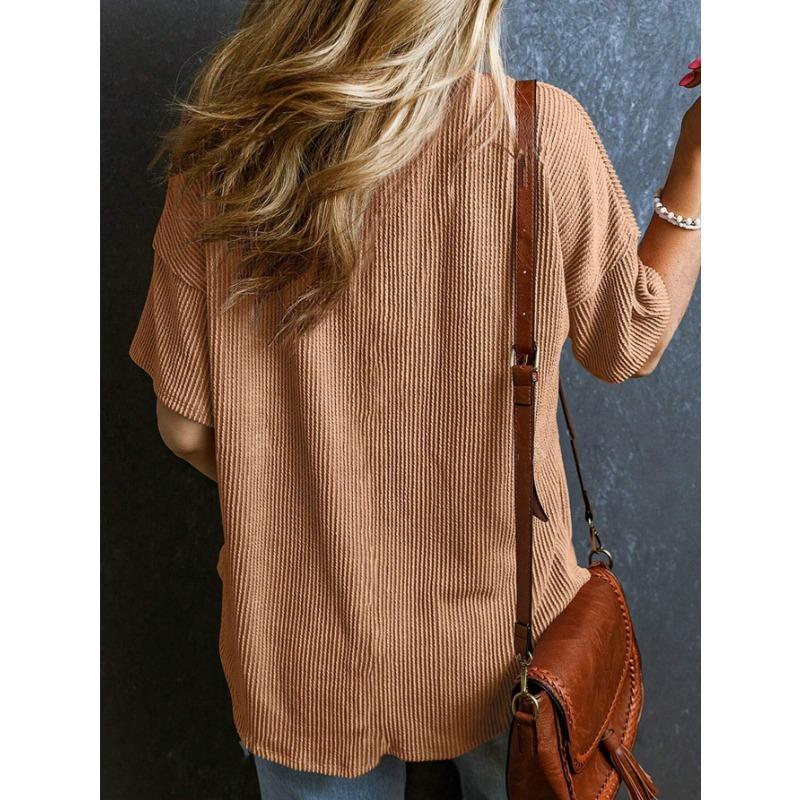YYFS Women's Fashion Casual Solid Color Print Summer Spring Short Sleeve V-Neck Blouses & Shirts