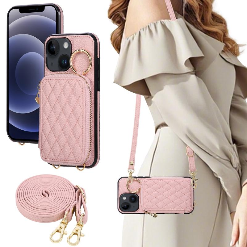 For iPhone 7/8 Plus/XR/Xsmax/11 Pro/12 Mini Fashion Zipper Style Phone Case Wallet Cover with Strap