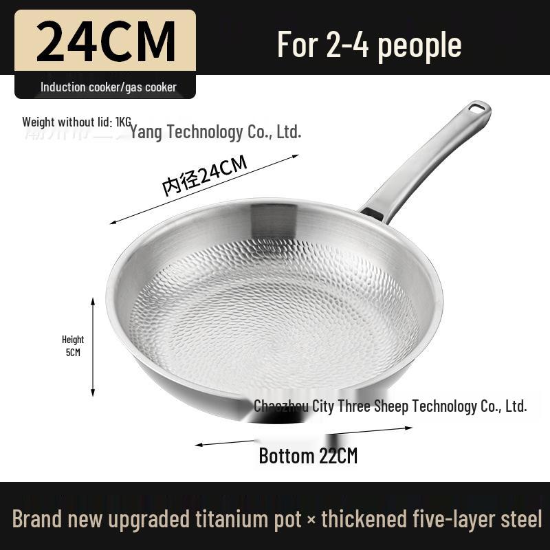 Titanium Dragon Scale Hammer Pattern Flat Bottom Wok with Square Handle, No Coating, Less Oil Smoke, Stainless Steel Steak Frying Pan.