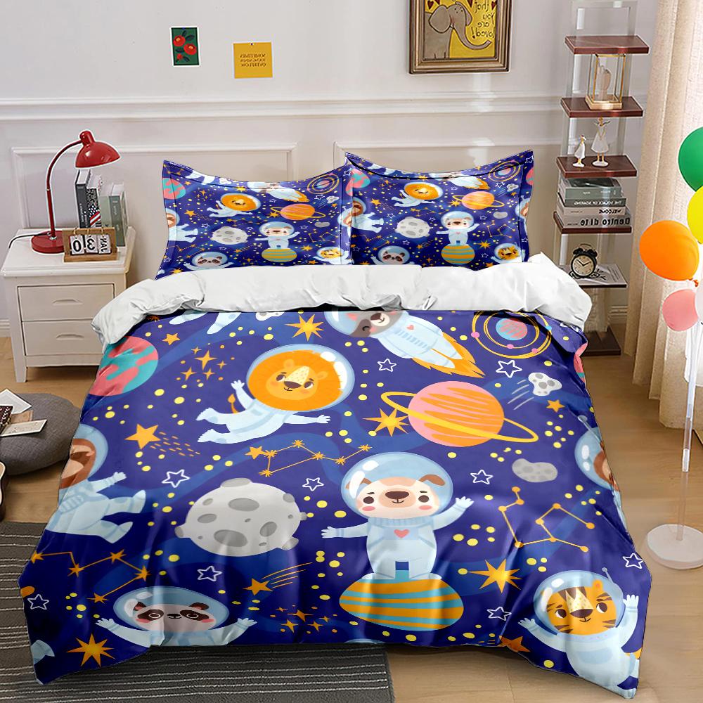 Cute animals space adventure Print Bedding Set 1 Duvet Cover 2 Pillowcases for Adult and Children Luxury Gift Full Size 135x200cm