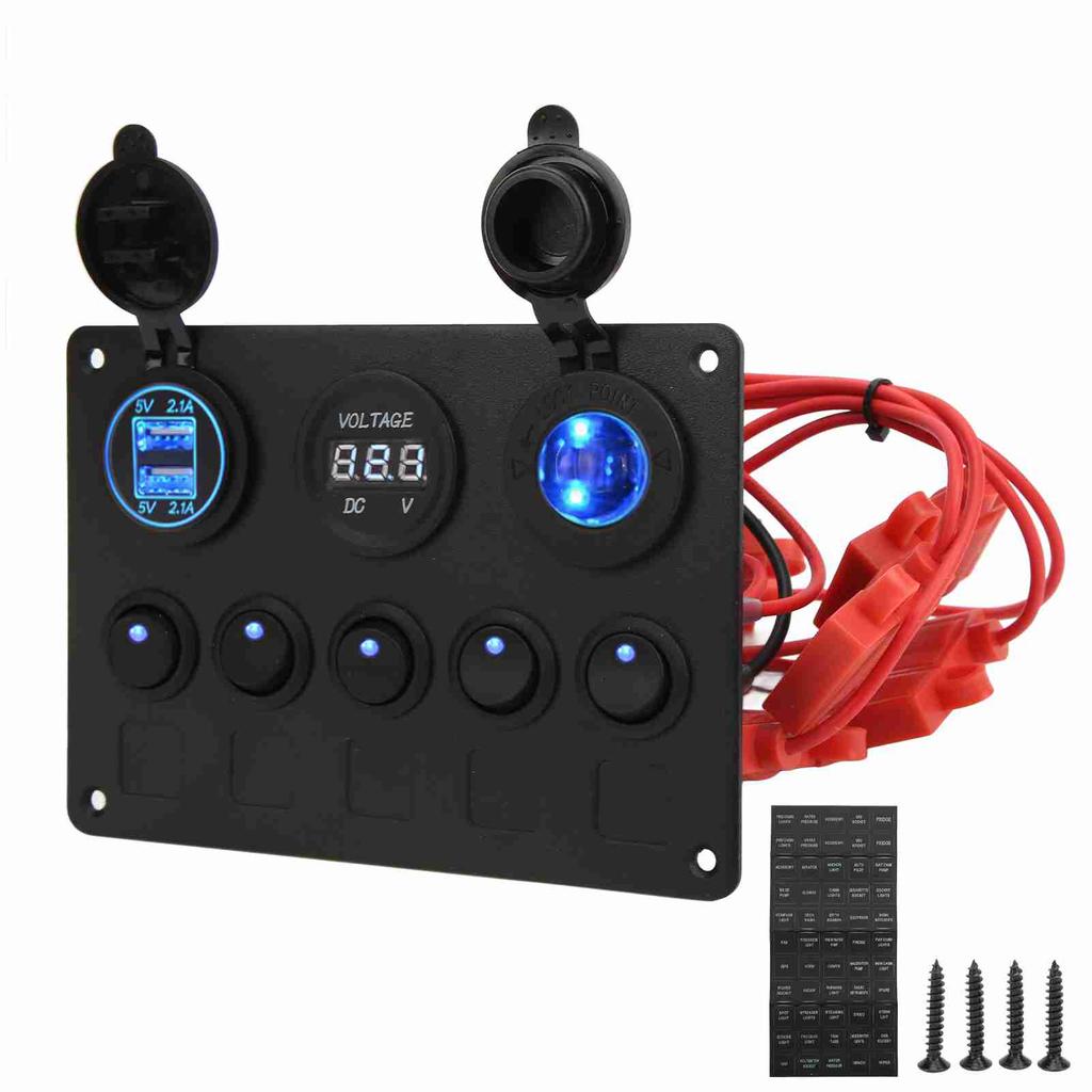 Panel de interruptores basculantes redondos de 12 y 24 V con 5 posiciones, doble puerto USB, cargador de coche, protección contra sobrecalentamiento y uso en barcos.