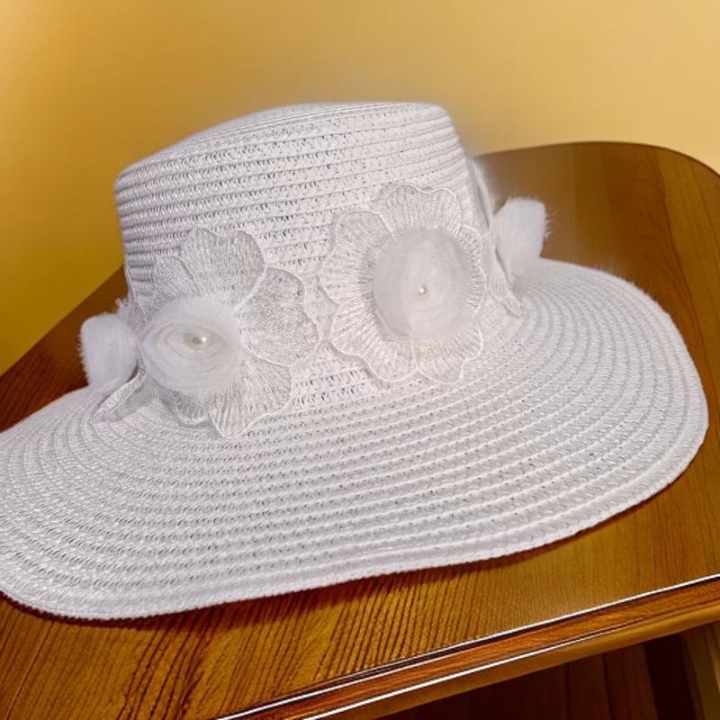 Summer straw hat women's French bow pearl sunscreen visor casual trip seaside sun hat French style