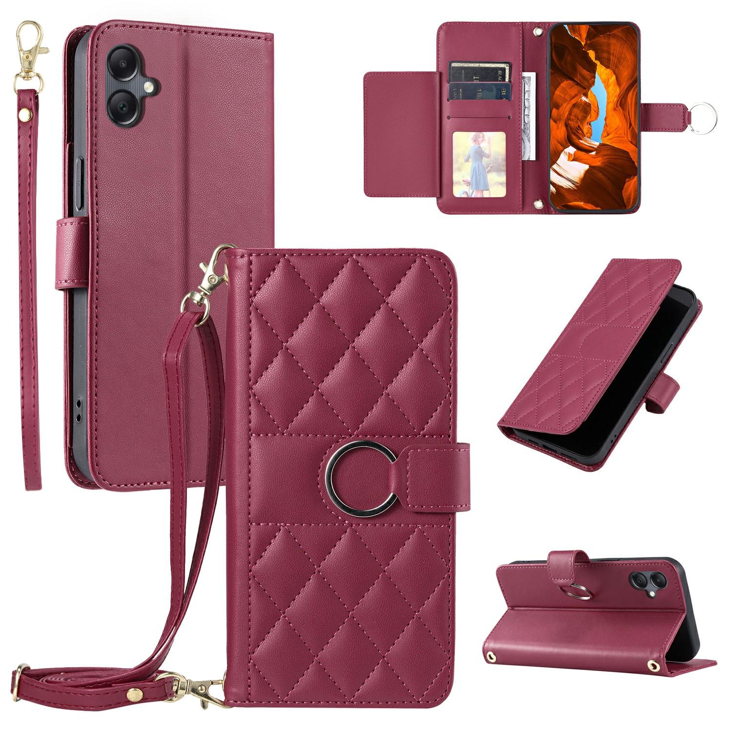 

For Samsung Galaxy A05 4G Crossbody Leather Case Ring Buckle Wallet Stand Rhombus Mobile Cover A