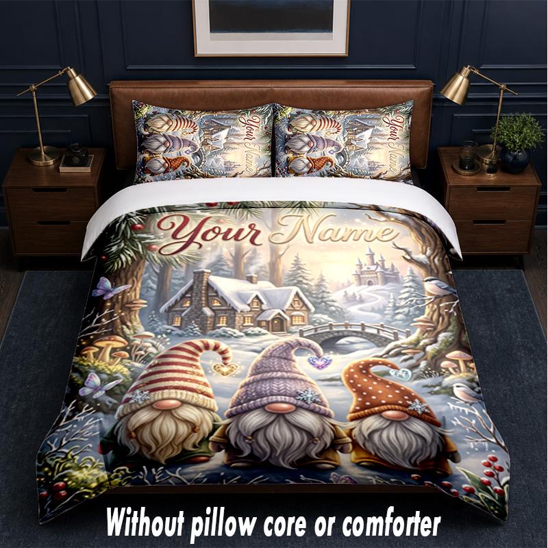 Set Biancheria da Letto a Tema Gnomo con Testo o Nome Personalizzato, 3 Pezzi, 1 Lenzuolo Sotto con Angoli & 2 Federe, Biancheria da Letto Personalizzata per la Casa