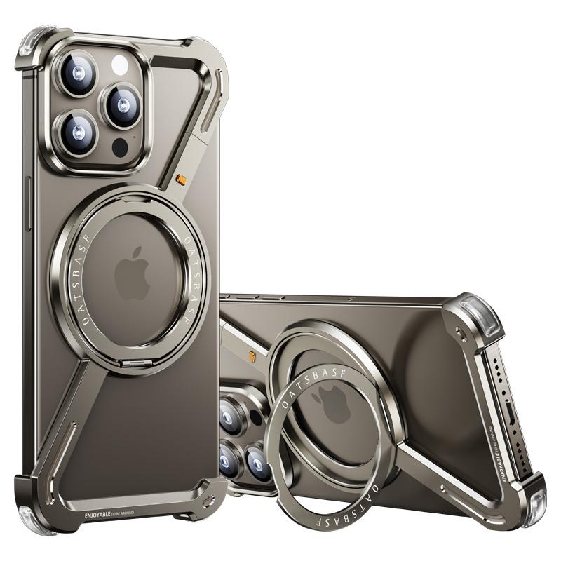 

For iPhone 15 Pro Max Bumper Case Z-Shape Design Magnetic Boardless Phone Back Cover with Kickstand Titanium
