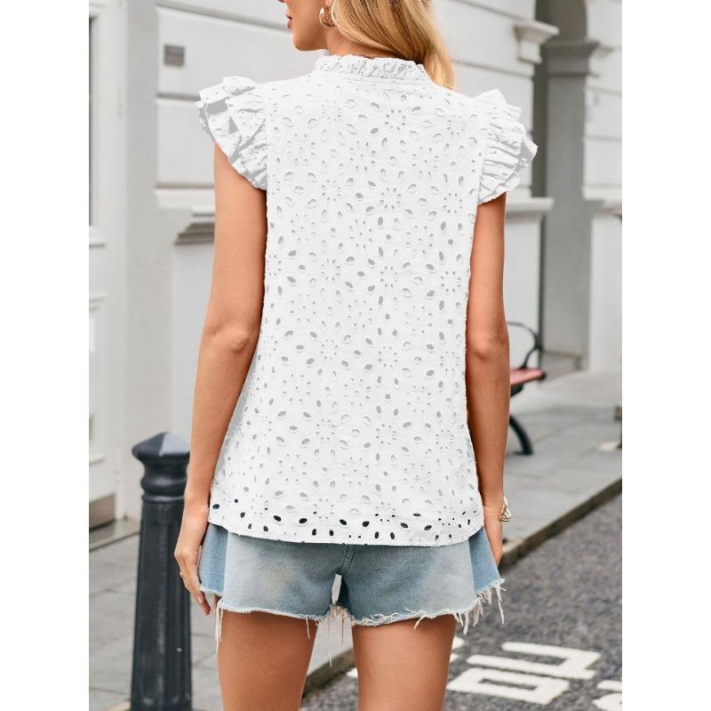 Women European Style Casual Summer Hollow Out Embroidery Flounce Sleeve V Neck Shirt