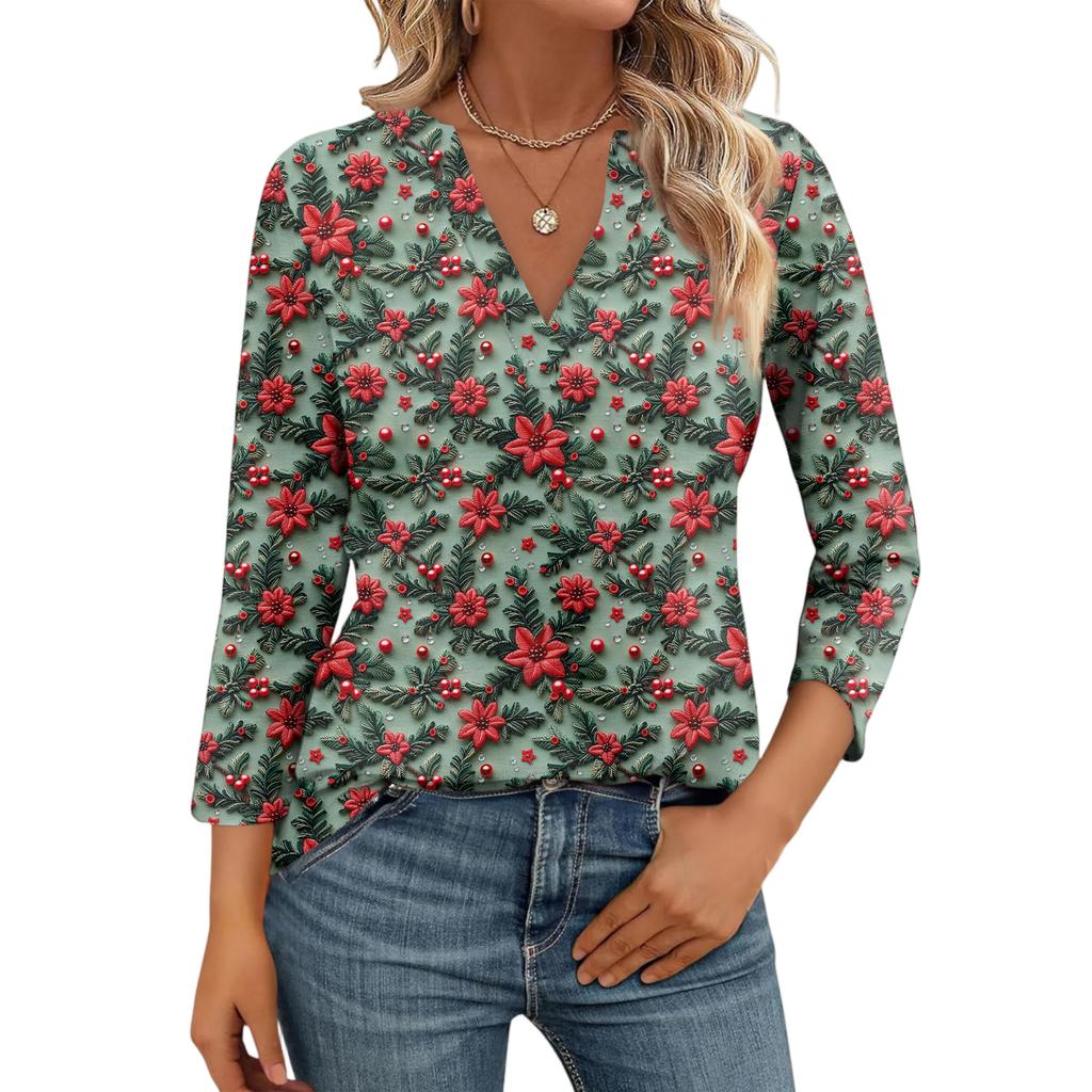 Women's Casual Fashionable Sexy Comfortable V-Neck Christmas Three-Quarter Sleeve Top