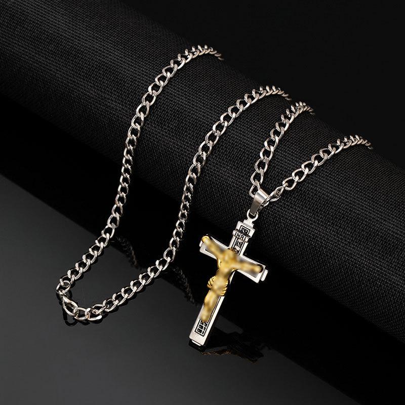 Embossed Cross Pendant Necklace for Men Titanium Steel Chain Hip Hop Sweater Chain Fashion Accessory