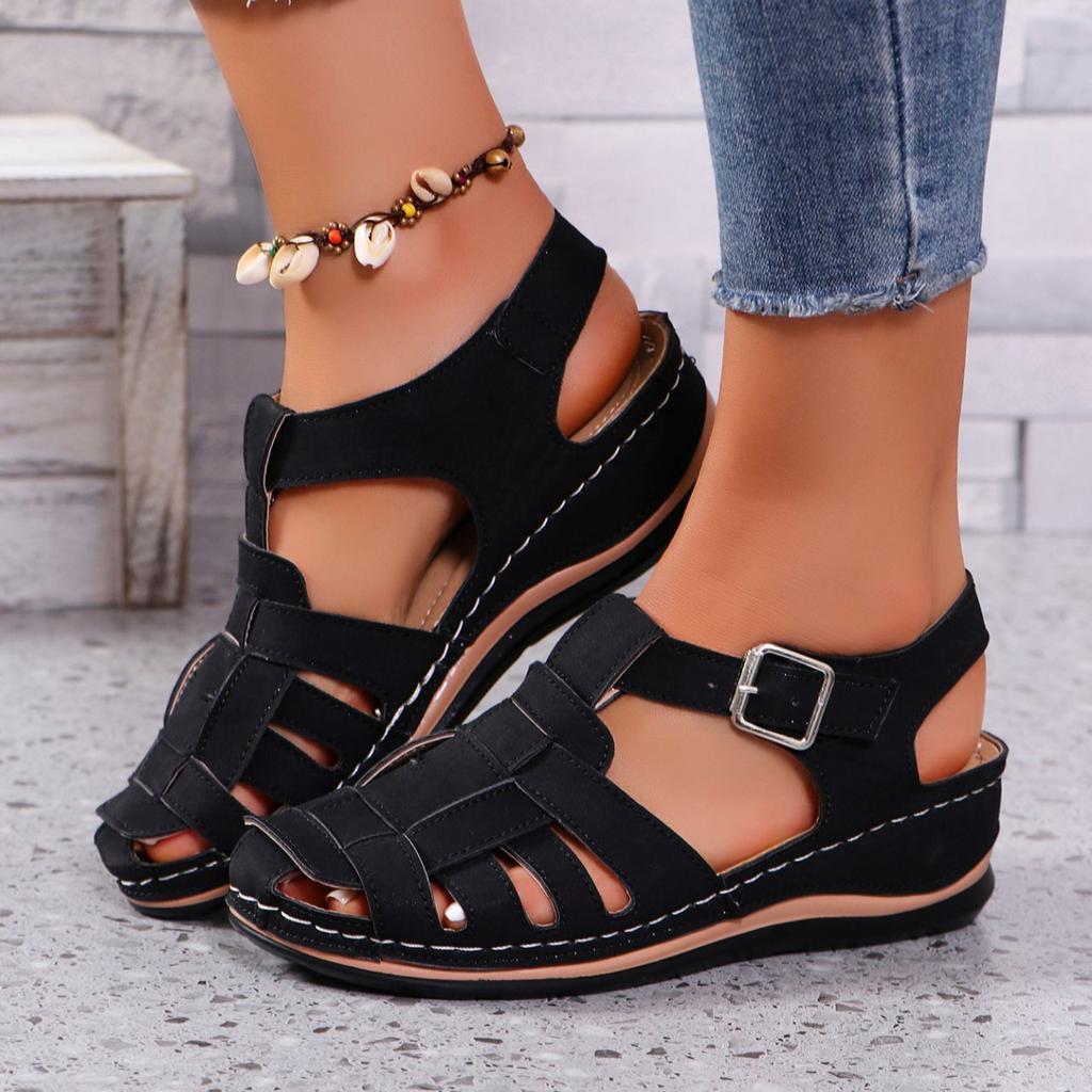 Vară cu cap rotund scobit Sandale la modă simple și versatile ușoare, sandale romane confortabile și casual de plajă