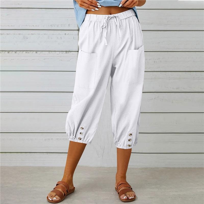 Summer Women's Trousers Casual Three-quarter Loose Drawstring High Waist Button Cotton And Linen Trousers