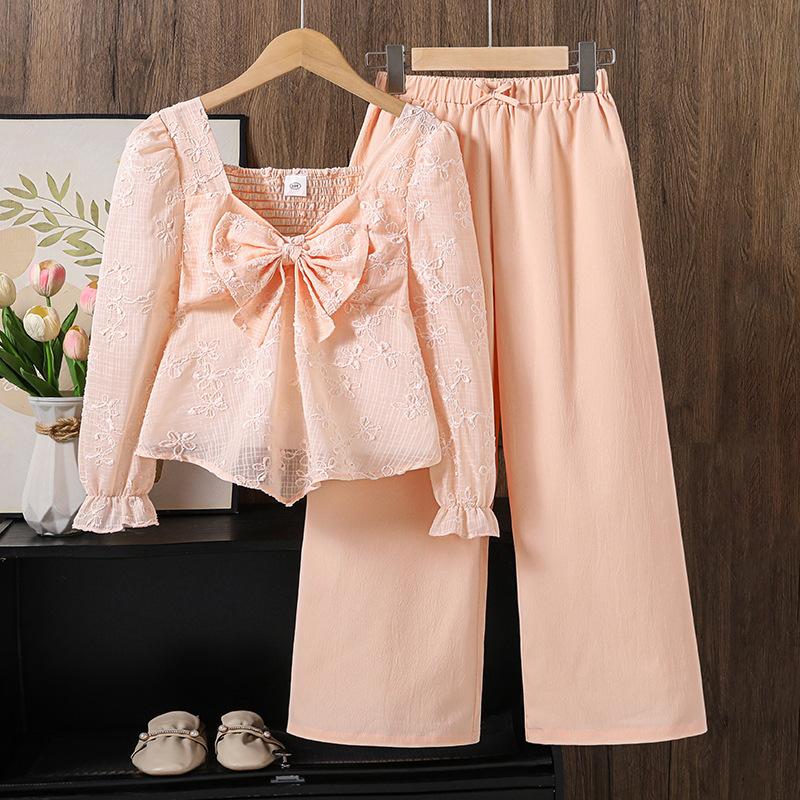 

Girls Outfit Children s Clothing Autumn New Fashionable High-end Jacquard Long Sleeve Bow Top Long Pants 12Y розовый