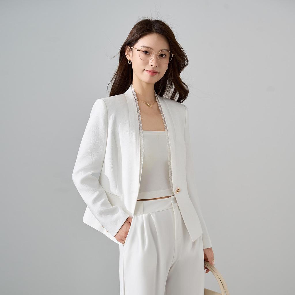Women's White Lace Long Sleeve Blazer - Slim Fit, Short Style, Versatile for Autumn 2025