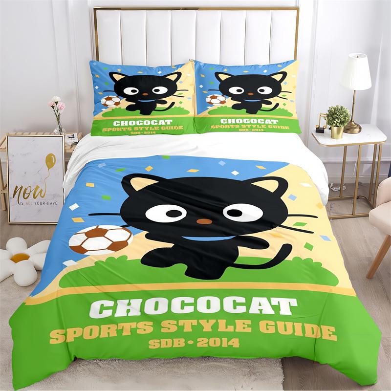 Cute Black Cat with Red Bow Print Bedding Set, Grey Striped Cartoon Cat Duvet Cover Set(1 * duvet cover + 2 * pillowcase, without core)