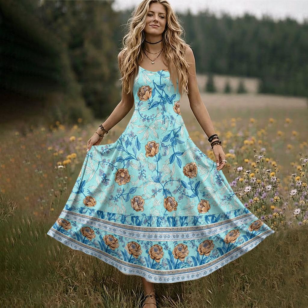 Women’s Sleeveless V Neck Maxi Dress with Spaghetti Straps and Floral Print Loose Fit Summer Long Dress for Daily Wear
