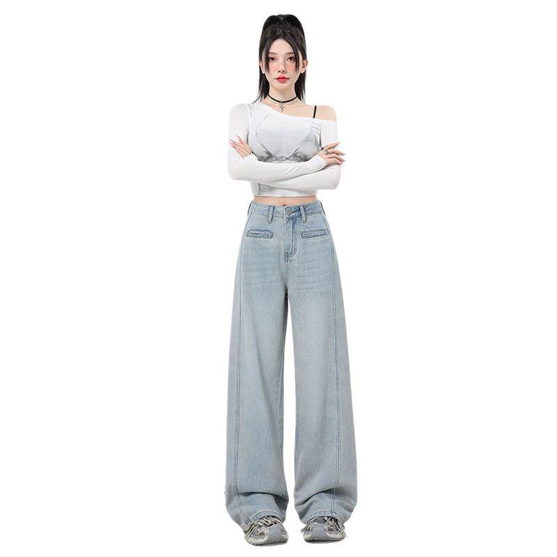 Ljusblå Wide-Leg Jeans med Hög Midja för Kvinnor - Våren 2025 Smalande Lös Passform Rak Ben Design